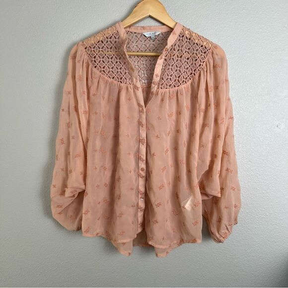 Lucky Brand-XS-Pink/Peach-Button Down Blouse-Embroidered/Crochet - Picture 1 of 6